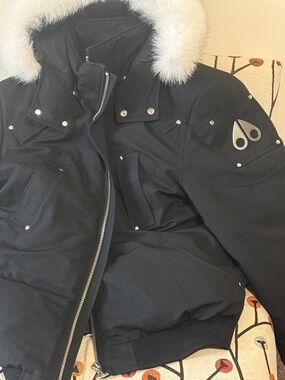 Moose Knuckles Black Puffer Jacket with White Fur Trim